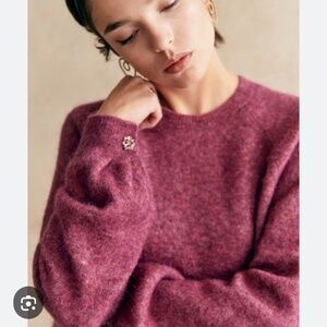 Sézane Louisa Jumper in fig with jeweled buttons on cuffs